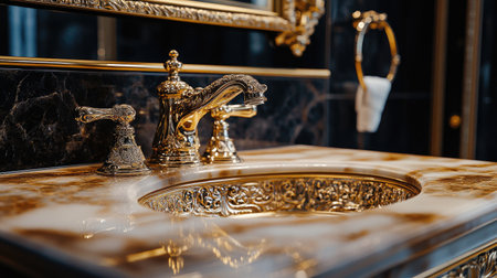 Discover an elegant faucet and sink design featuring a luxurious gold finish. This intricate craftsmanship adds a sophisticated touch to any upscale bathroom decor.の素材