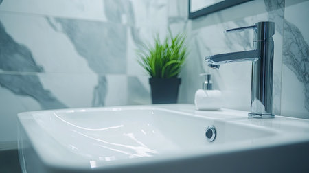 A modern bathroom featuring a sleek white sink and stylish faucet against a marble backdrop. The decor includes a small plant, adding a touch of freshness to the space.の素材