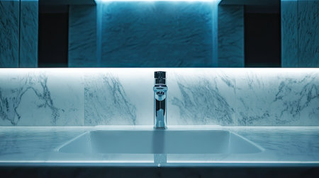 A luxurious office bathroom featuring a sleek marble sink and modern faucet illuminated by ambient lighting, creating a serene and elegant atmosphere. Perfect for upscale environments.の素材