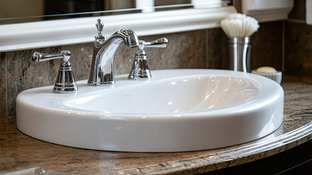 A modern bathroom sink featuring a sleek white ceramic design and polished chrome fixtures, perfect for enhancing contemporary spaces with elegance and comfort.の素材