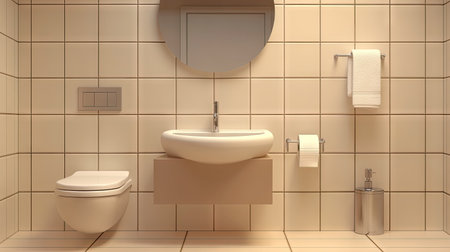 A stylish and modern beige bathroom featuring a minimalist layout. Includes a sleek sink, toilet, and essential accessories, perfect for serene living.の素材