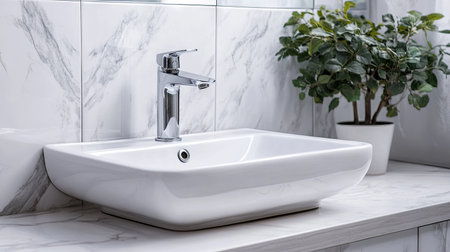 A modern white sink featuring a sleek design, complemented by a marble tiled wall. Perfect for contemporary bathroom aesthetics and clean living spaces.の素材