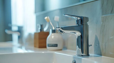 A professional plumber adjusts a sleek modern faucet in an elegantly designed bathroom, highlighting the importance of functionality and style in home fixtures.の素材
