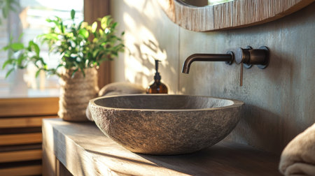 Discover a rustic bathroom design featuring a natural stone basin, warm wood accents, and lush greenery, creating a serene and inviting atmosphere.の素材