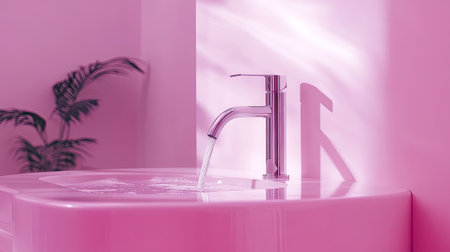 This image features a sleek modern faucet against a vibrant pink backdrop, showcasing contemporary design and elegance. A perfect addition to stylish interior decor.の素材