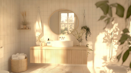 Discover a serene Scandinavian inspired bathroom featuring natural light, wooden elements, and minimalistic decor for a tranquil atmosphere. Perfect for relaxation.の素材
