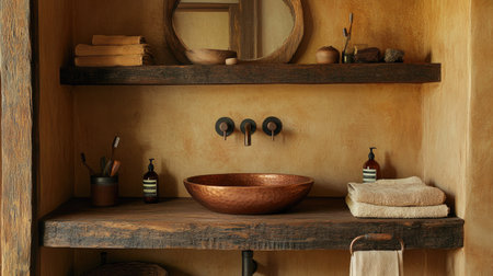 A cozy rustic bathroom featuring reclaimed wood shelves, a copper basin, and minimal accessories. Warm tones enhance the inviting and serene atmosphere.の素材