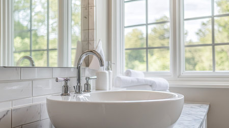Discover a stylish minimalist bathroom featuring a modern white sink, elegant fixtures, and abundant natural light, creating a serene and inviting atmosphere.の素材
