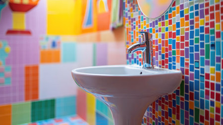 A vibrant bathroom featuring a colorful mosaic tile design and a stylish sink. The space is bright and playful, perfect for modern aesthetics and home decor.の素材