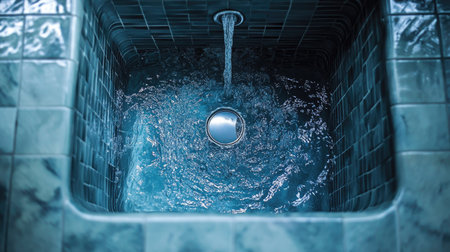 An aerial view of water flowing in a modern basin, showcasing the serene ripples and reflections on the surface. Perfect for home decor and plumbing themes.の素材