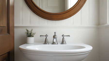 A modern white sink with a polished chrome faucet, set against a stylish round mirror. Ideal for showcasing elegant bathroom decor with a fresh touch.の素材