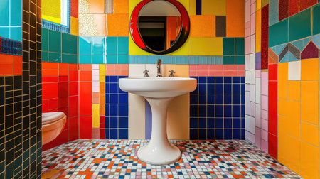 This vibrant bathroom features a stunning collection of colorful mosaic tiles that create a cheerful and playful atmosphere. Ideal for design inspiration.の素材