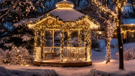 A beautiful winter gazebo adorned with sparkling lights and surrounded by fresh snow, creating a charming and festive atmosphere perfect for the holiday season.の素材