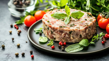 A beautifully arranged culinary dish featuring fresh herbs, colorful tomatoes, and savory ingredients on a rustic plate, perfect for gourmet presentations.の素材