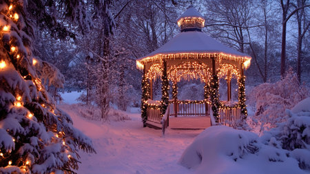 A cozy gazebo adorned with twinkling lights in a snowy winter landscape. The serene atmosphere and beautiful scenery create a magical holiday retreat.の素材