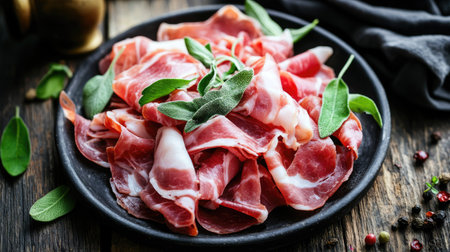 A vibrant display of freshly sliced meat garnished with herbs on a rustic wooden table. Perfect for gourmet dishes, appetizers, or a delicious snack.の素材