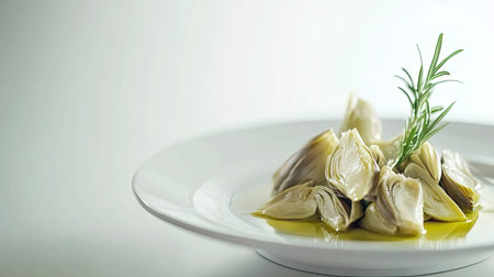 A beautifully presented artichoke dish drizzled with olive oil and topped with a fresh herb enhances the dining experience with simplicity and flavor.の素材