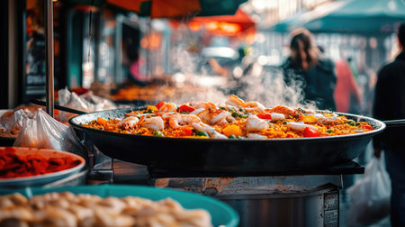 A lively street food scene showcasing a large pan of colorful paella, with fresh seafood and vegetables steaming in an outdoor market atmosphere.の素材