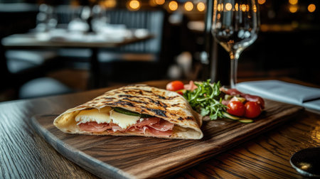 Indulge in a grilled flatbread served with fresh ingredients and vibrant tomatoes. Perfect for a gourmet dining experience or a casual meal in a stylish restaurant.の素材