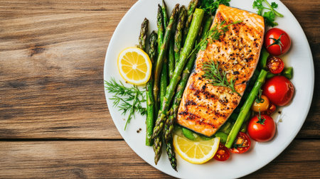 A vibrant plate featuring grilled salmon, asparagus, and cherry tomatoes, garnished with lemon slices and fresh herbs. Perfect for a healthy meal.の素材