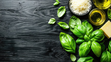 Fresh basil leaves surround bowls of olive oil and cheese on a dark wooden surface, creating an inviting atmosphere for culinary inspiration and recipe development.の素材