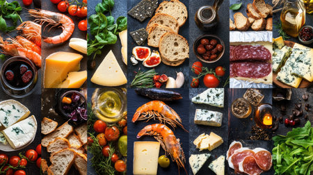 A vibrant assortment of cheeses, seafood, and breads arranged artfully on a dark surface, perfect for gourmet dining or casual gatherings. Ideal for food photography.の素材