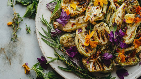 Enjoy a vibrant dish of grilled artichokes adorned with fresh edible flowers and herbs, perfect for a healthy gourmet meal presentation.の素材