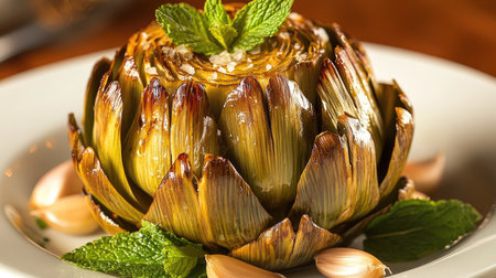 A beautifully presented grilled artichoke garnished with mint and garlic. Perfect for healthy meals, this dish showcases vibrant colors and fresh ingredients.の素材