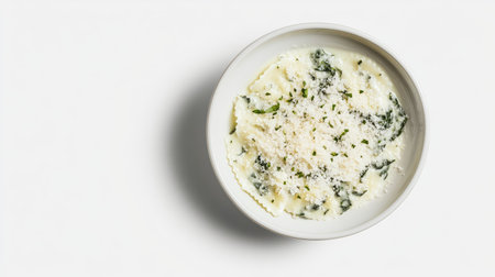 A delicious creamy spinach dish topped with fresh parmesan, served in a stylish white bowl. Perfect for healthy meals or gourmet dining experiences.の素材