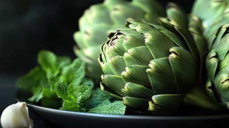Capture the essence of fresh artichokes arranged elegantly on a dark background, highlighting their vibrant green leaves and natural textures. Perfect for culinary-themed projects.の素材
