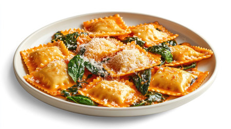 A plate of fresh spinach ravioli topped with cheese, served with vibrant herbs. Perfect for culinary projects or food-related themes.の素材