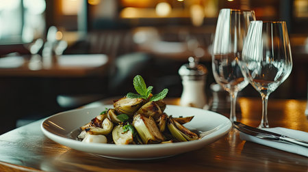 A beautifully plated gourmet dish featuring fresh vegetables garnished with mint, set in a stylish restaurant with elegant glassware and warm ambiance.の素材