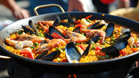 A colorful seafood paella featuring shrimp and mussels cooked outdoors. This vibrant dish highlights fresh ingredients in a large skillet, perfect for gatherings.の素材