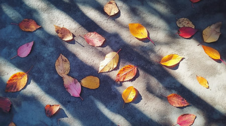This image showcases colorful autumn leaves scattered on a textured surface, capturing the essence of fall. The interplay of light and shadow adds depth and tranquility to the scene.の素材