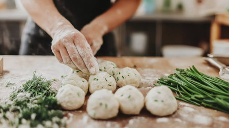 A chef prepares traditional canederli dumplings in a kitchen. Fresh ingredients like herbs and flour are used, showcasing a hands-on cooking process.の素材