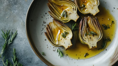 Fresh artichokes are elegantly arranged on a plate with olive oil and herbs, creating a vibrant dish perfect for healthy dining or culinary inspiration.の素材
