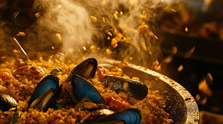 A stunning close-up of a generous seafood dish featuring mussels, capturing the vibrant colors and steam rising, showcasing culinary artistry and comfort.の素材