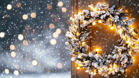 A serene holiday scene featuring a soft white wreath adorned with warm Christmas lights, set against a snowy backdrop, creating a magical winter atmosphere.の素材