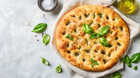 Discover a beautifully baked focaccia topped with fresh herbs and a drizzle of olive oil. Ideal for meals, snacks, or as a culinary inspiration.の素材