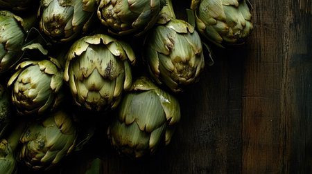 A close-up view of fresh artichokes arranged on a rustic wooden surface, showcasing their vibrant green color and unique texture, perfect for culinary inspiration.の素材