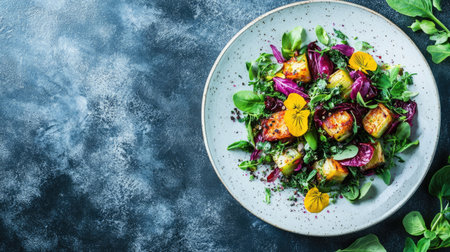 A vibrant salad featuring fresh greens, colorful edible flowers, and gourmet presentation, perfect for upscale dining or healthy meals.の素材