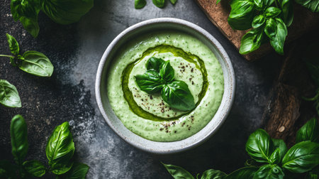 A top view of creamy green pesto presented in a rustic bowl, garnished with fresh basil leaves. This appetizing dish highlights vibrant colors and rich texture, perfect for culinary inspiration.の素材