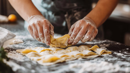 A close-up shot of hands skillfully preparing ravioli in a cozy kitchen. Flour covers the table, showcasing the artisanal process of making fresh pasta.の素材