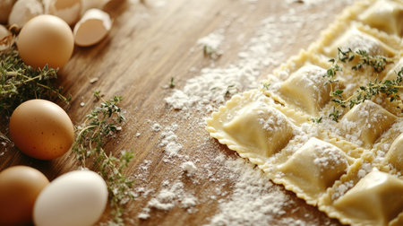 Explore a close-up view of freshly made ravioli on a wooden board, surrounded by eggs and herbs, perfect for culinary inspiration in Italian cooking.の素材