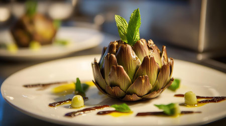 A close-up view of a beautifully plated traditional Italian artichoke dish, garnished with herbs and vibrant sauces, showcasing culinary artistry.の素材