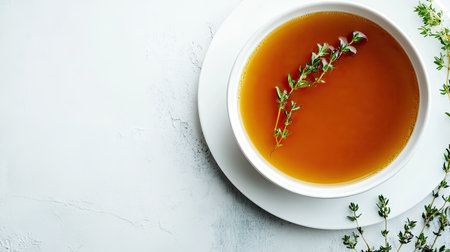 Delight in a close-up view of aromatic broth served with fresh thyme, showcasing a warm and inviting dish perfect for any culinary occasion.の素材