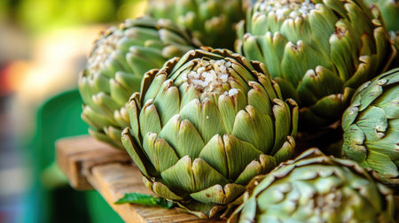 A detailed close-up view of artichokes displayed at a market. The fresh, green vegetables highlight their vibrant texture and organic appeal, perfect for culinary inspirations.の素材