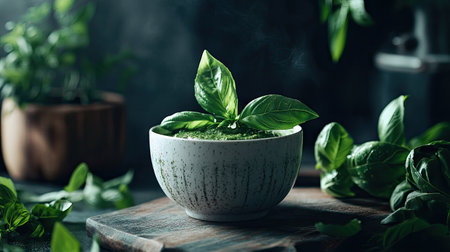 A close-up shot of creamy green pesto served in a rustic bowl, surrounded by fresh basil leaves, showcasing vibrant colors and textures for culinary inspiration.の素材