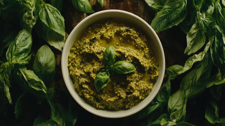 This close-up image showcases a creamy green pesto in a bowl, surrounded by fresh basil leaves. Perfect for culinary inspiration and recipe ideas.の素材