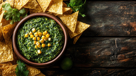 Enjoy this vibrant spinach dip made with fresh ingredients, served with crispy chips. Perfect for parties, gatherings, or a healthy snack at home.の素材